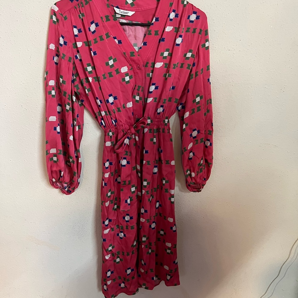 Tucker Pink  Print Smocked Waist Long Sleeve  Maxi Dress Sz XS